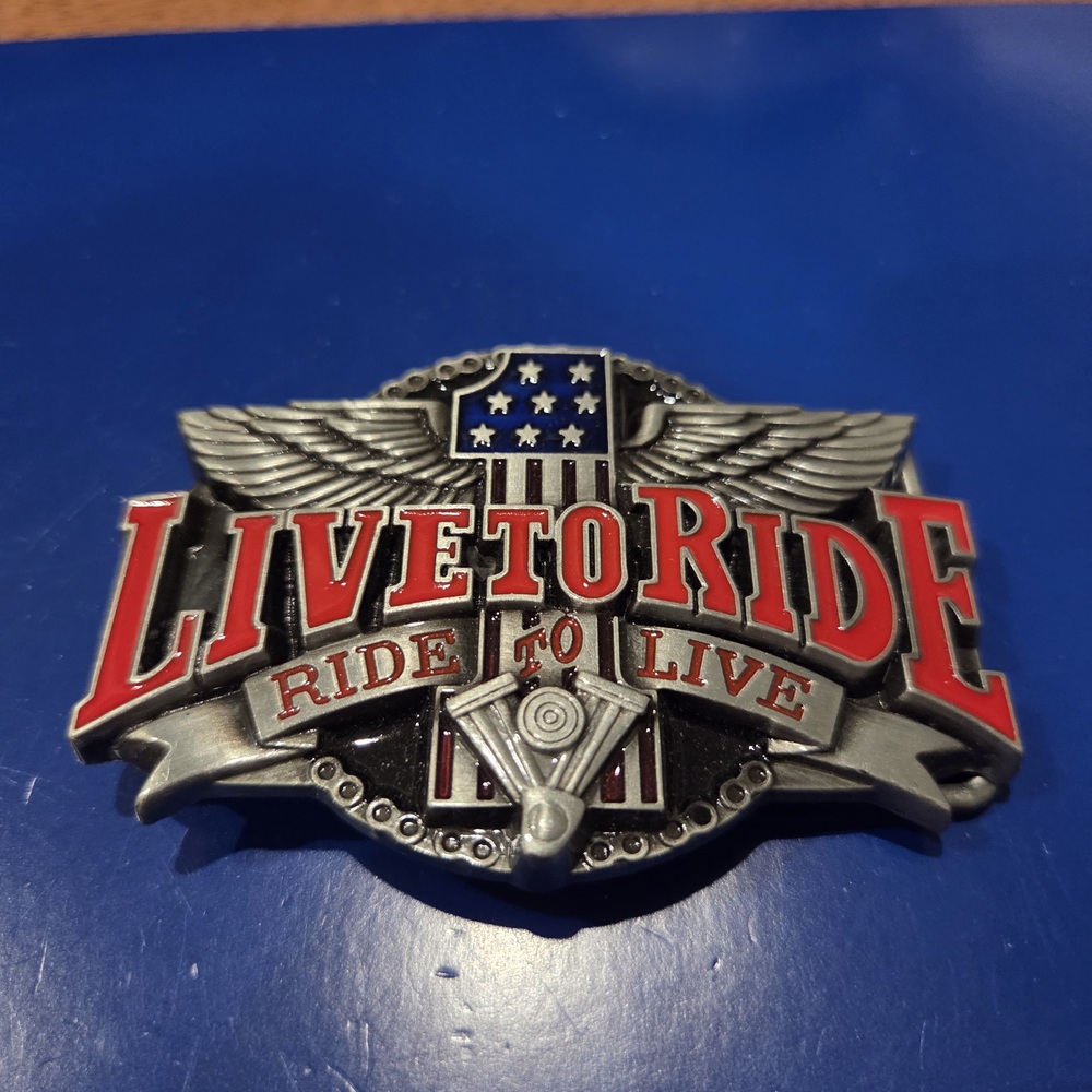 Live to Ride Ride to Live Motorcycle Biker Belt Buckle Pewter Red Enamel